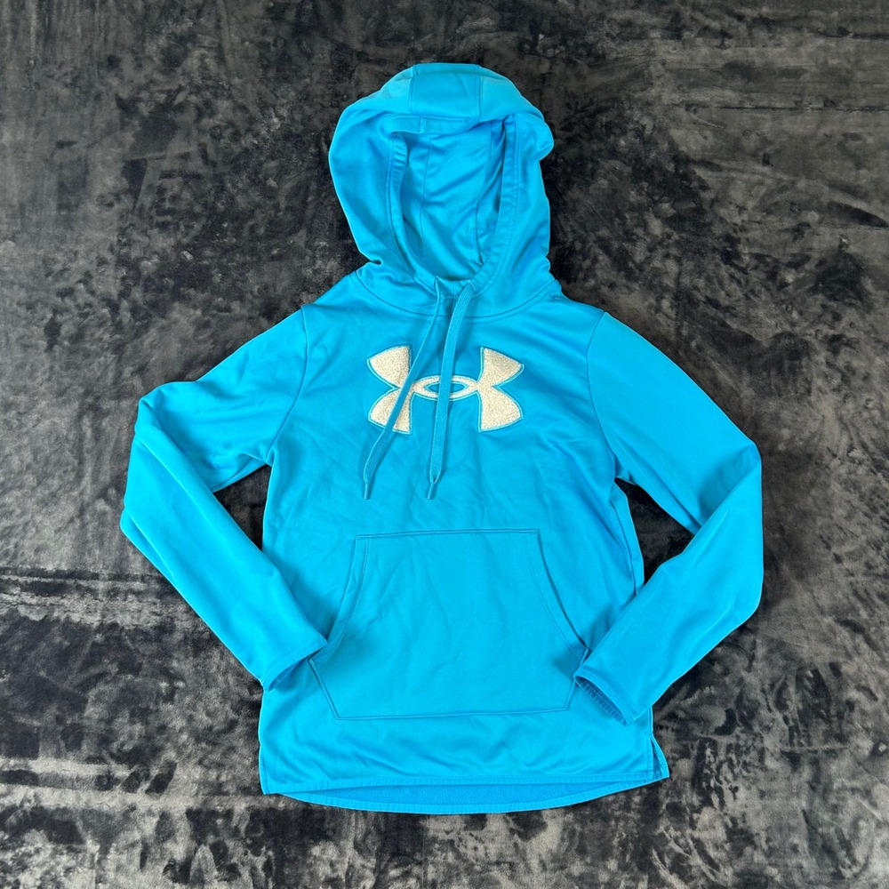 Under Armour Hoodie Womens Small Blue Logo Fleece Pullover Sweatshirt